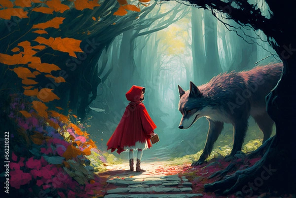 Fototapeta Little Red Riding Hood meets the wolf in the woods
