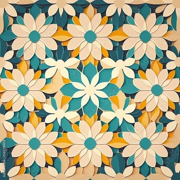 Fototapeta Floral geometric pattern,  organic mandala, leaves and flowers, geometrical shapes, desktop walpaper, motive for background, Generative AI