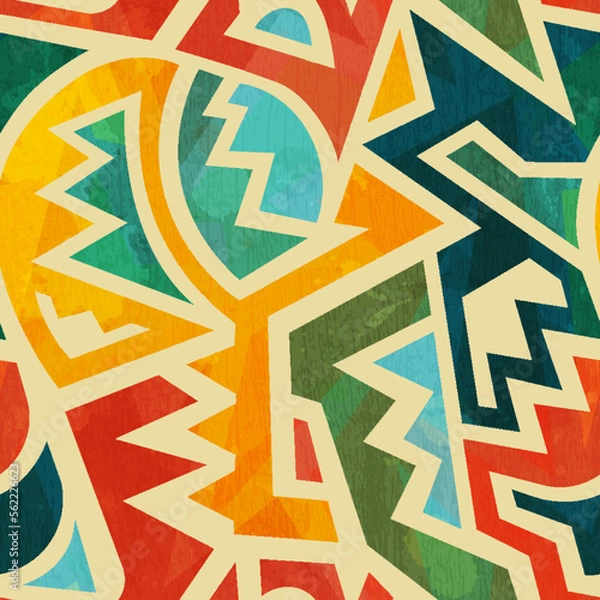 Fototapeta Tribal geometric seamless pattern with wood grunge texture