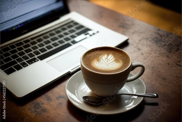Fototapeta  a cup of coffee sitting on top of a saucer next to a laptop computer on a table with a spoon and spoon in fron Generative AIt of it on a saucer with a saucer.