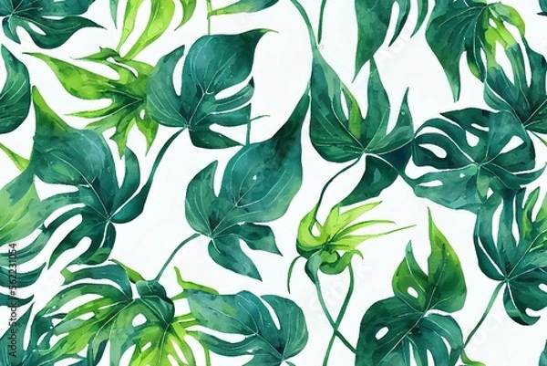 Fototapeta Seamless contour pattern with tropical foliage and flowers. Monstera, palm fronds, and a bird of paradise. Generative AI
