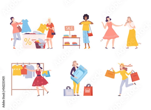 Fototapeta Set of women taking part in seasonal sale. Black Friday sale event flat vector illustration