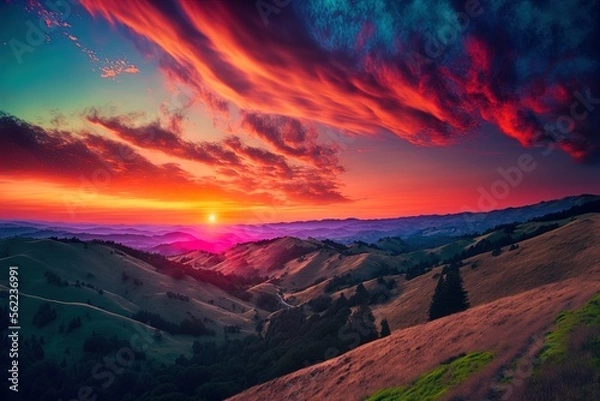 Fototapeta Beautiful vista of the Santa Cruz Mountains at sunset. Situated on a Ridge in Russia Generative AI