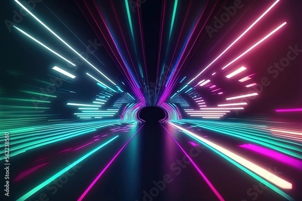 Fototapeta Blue, purple, and green striped abstract neon light tunnel. Generative AI