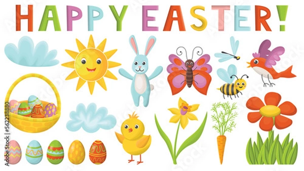 Fototapeta Cute big set of Happy Easter elements in kid's cartoon flat style isolated on white background. Ornamental eggs, basket with eggs, blue rabbit, butterfly, bird, Narcissus, flower, sun, chick, bee