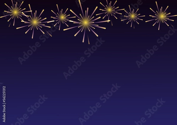 Fototapeta Yellow and purple fireworks with holiday celebration symbols on blue and black color background, empty space for display logo and content, creative design vector illustration.