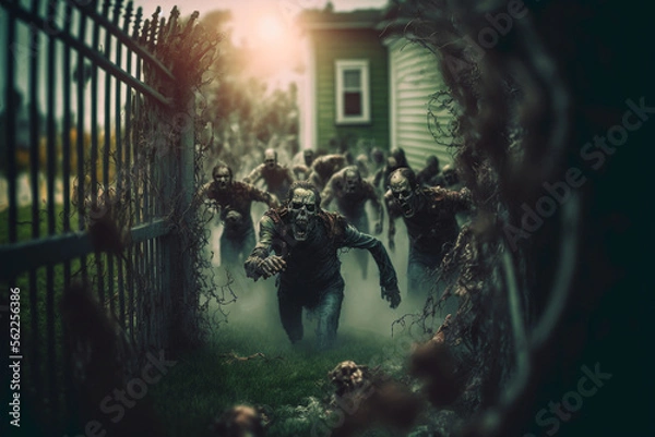Fototapeta a zombie mob attacks a suburban town - generative AI