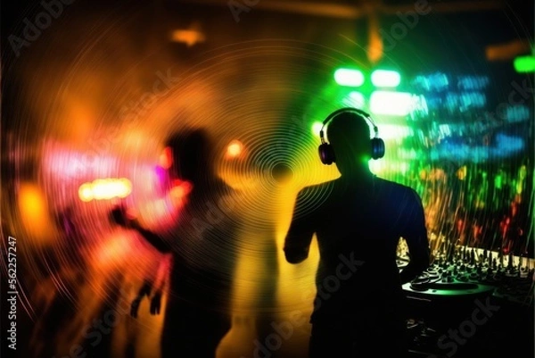Obraz A image of a DJ in a party with blur vision, hard party, techno party, lights party, Generative AI