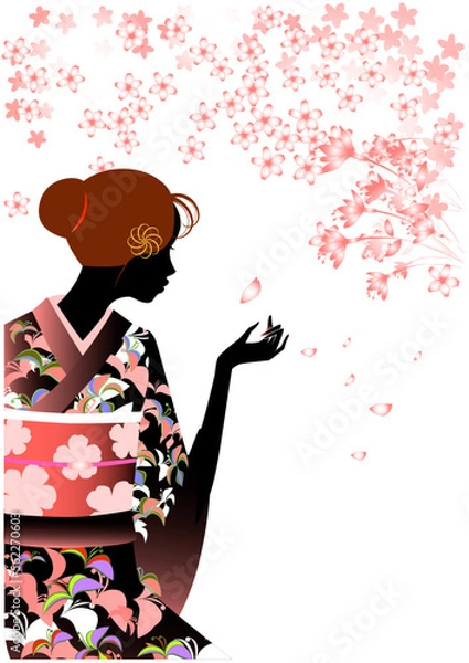 Fototapeta 着物を着た女性のシルエットと桜の花
