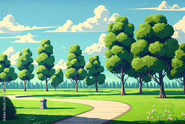 Fototapeta Beautiful public park scene featuring a green grassy field, green trees, and a cloudy blue sky. Generative AI