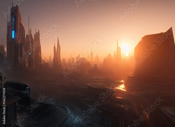 Fototapeta Sci-Fi Cyberpunk City Bright Sun at Dawn Background Generative AI illustration