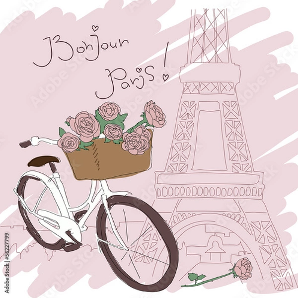 Fototapeta Beautiful card with pretty bicycle and yellow roses on Paris fon