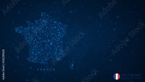 Fototapeta Map of France modern design with polygonal shapes on dark blue background. Business wireframe mesh spheres from flying debris. Blue structure style vector illustration concept
