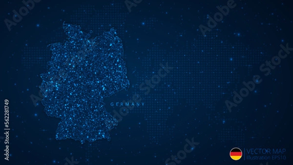 Fototapeta Map of Germany modern design with polygonal shapes on dark blue background. Business wireframe mesh spheres from flying debris. Blue structure style vector illustration concept