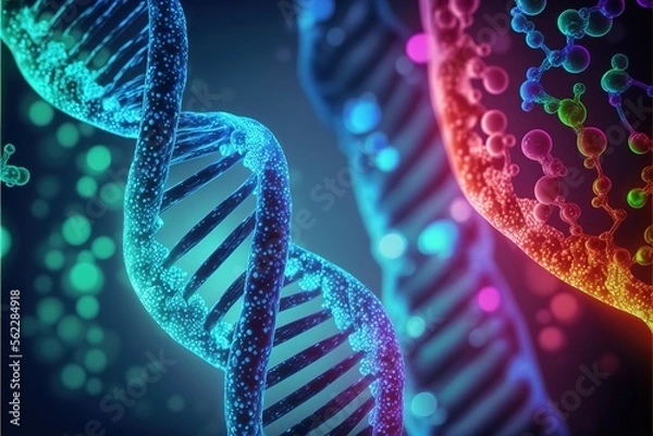 Fototapeta 3D digital illustration of human dna under microscope on futuristic helix background created with generative ai