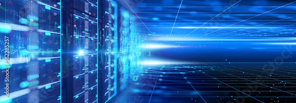 Fototapeta server room with server racks in datacenter banner. 3d illustration