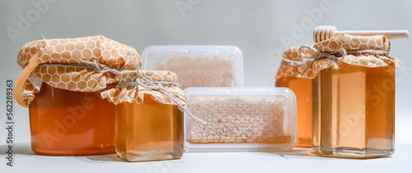 Obraz Collection of honey jars and pots mocked up for labelling