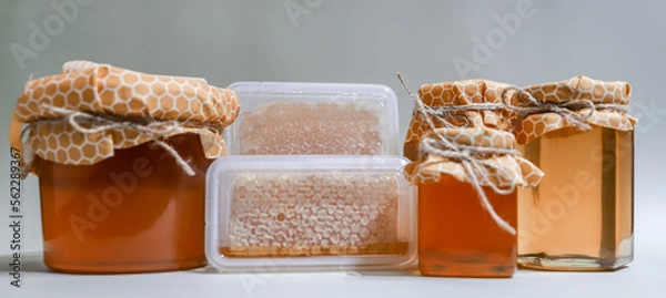 Obraz Collection of honey jars and pots mocked up for labelling