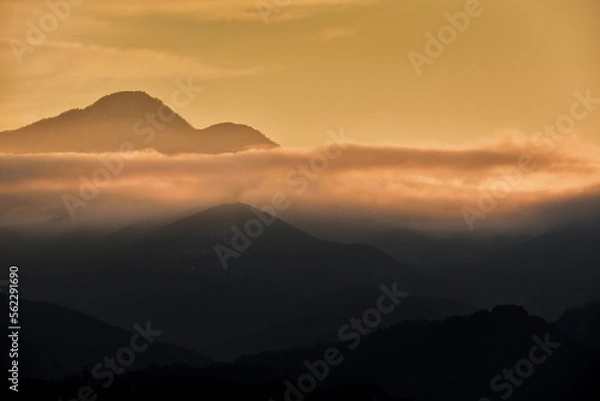 Obraz 美しい夕日が差す山間と流れる雲海