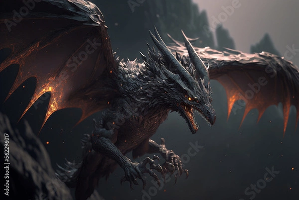 Fototapeta A black dragon is flying through the air, a large dragon with orange eyes and sharp teeth, Generative AI