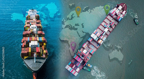 Fototapeta Aerial top view containers ship cargo business commercial logistic and transportation international import export by container freight cargo ship in the open seaport show ocean network on map
