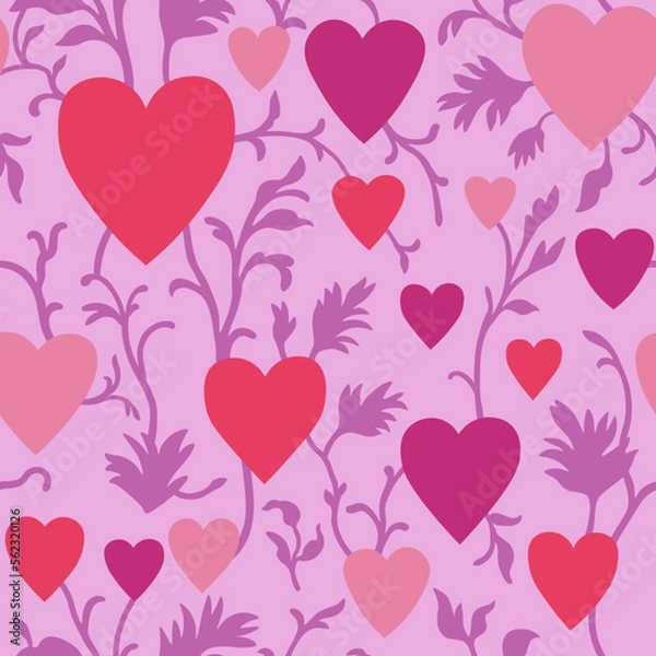 Fototapeta Vector pattern with hearts. Pattern for Valentine's Day. A pattern in the form of hearts with purple branches on a pink background.