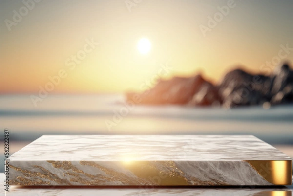 Obraz Copy space of luxury mable tabletop on blur tropical beach with sunset sky abstract background. Product presentation and travel vacation concept. Generative AI