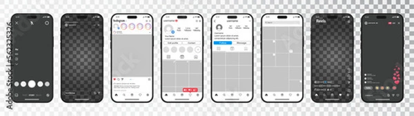 Fototapeta Instagram Social Media Vector Mockup. Template with Reels, Live and Stories. iPhone 14 mock up with transparent screen.