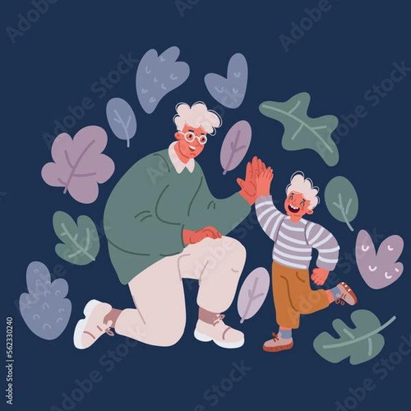 Fototapeta Vector cartoon illustration of father bow his body to give high five gesture to his boy. Parenting concept.