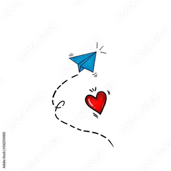 Fototapeta paper rocket and red heart,valentine,illustration procreate