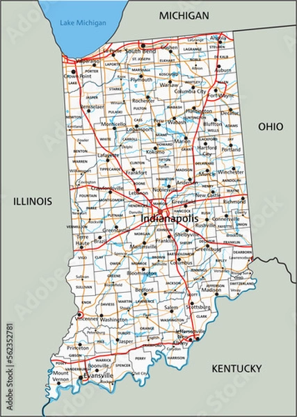 Fototapeta High detailed Indiana road map with labeling.