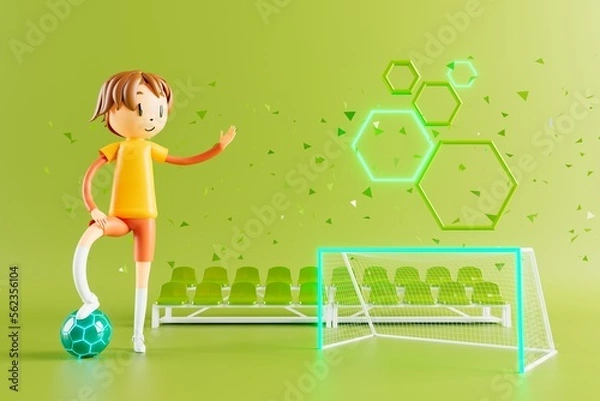 Fototapeta action cartoon 3d character. boy in sports action. 3d illustrator. colorful human design. happy face. sport object rendering. fitness activity. health concept. copy space background. soccer ball
