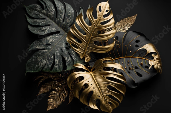 Fototapeta Black and golden tropical leaves on dark background. Generative AI