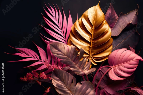 Fototapeta Pink, green and golden tropical leaves on dark background. Generative AI