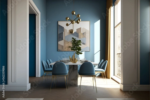 Fototapeta A modern living room, in a minimalist millenium crib, high ceiling and filled with warm blue and khaki colour as the wall blend in with the design of the furniture.	
