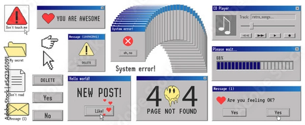 Obraz  Old computer aestethic. Retro pc elements, user interface. Nostalgia for 1990s -2000s. Vector illustrations.	