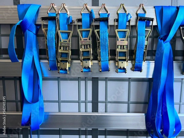 Fototapeta Tie-down straps for securing semi-trailer loads in close-up