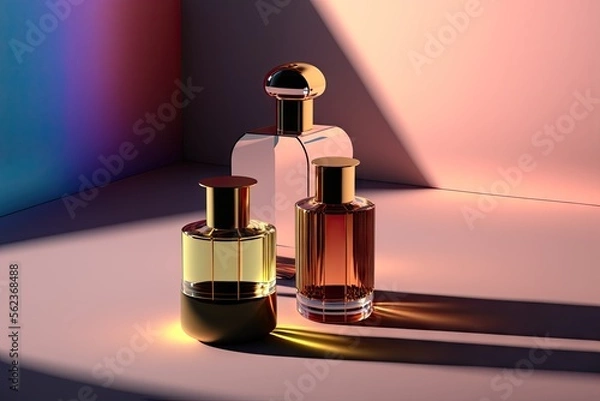 Fototapeta Collection of transparent multi color glass perfume bottles on a light background. Art composition still life. Stylish parfumerie banner. Generative AI.
