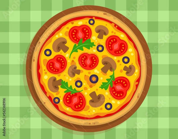 Fototapeta Vector illustration of appetizing vegetable pizza with mushrooms. Italian pizza on a wooden dish on a green checkered tablecloth.