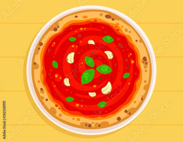 Fototapeta Vector illustration of appetizing Marinara pizza with, tomato sauce, garlik and basil. Traditional Italian pizza on a plate on a wooden table.