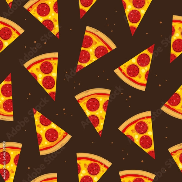 Fototapeta Vector seamless pattern with Pepperoni pizza slices. Detailed appetizing pieces are rotated in different directions. Isolated on a dark brown background.