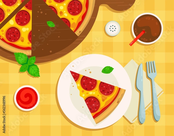 Fototapeta Vector illustration of a served table in a pizzeria. Top view. Sliced piece of pizza on a plate, Pepperoni pizza on a wooden board, drink, sauce, pepper, napkin, knife, fork. Isolated objects.