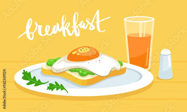 Fototapeta Favorite breakfast. Sandwich, toast with avocado and fried egg on a plate, greens, a glass of orange juice. Side view. Hand drawn lettering Breakfast. Detailed light vector illustration.