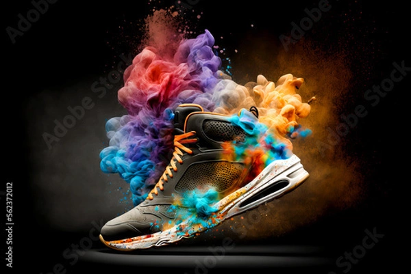 Fototapeta Black shoe on abstract multicolor smoke explosion background. Colorful smoke clouds with sneaker on black background. Fashion or sport texture. Generative AI colorful sport design element.