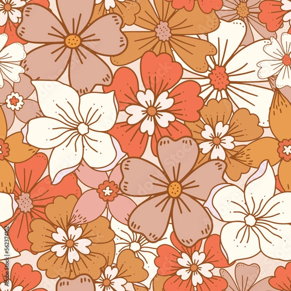 Fototapeta Floral retro boho pattern. Flower Power. Hippie pattern of the sixties. Summer flowers pattern. Boho style design perfect for wall art, poster, card, room decoration.