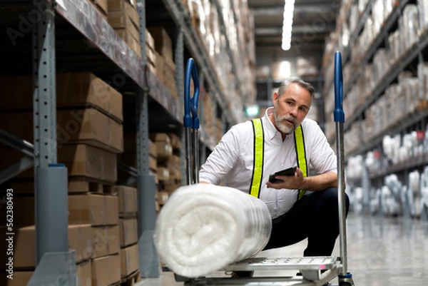 Fototapeta Senior warehouse worker checking product on trolley with tablet on hand, supervisor inspects goods package. Update online inventory system technology, and logistic shipment business service.