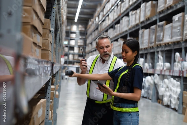 Fototapeta Warehouse manager coaching new employee to find shipment from online inventory system and using scanner to scan barcode to check real time stock balancing. Online stock application for worker