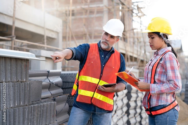 Fototapeta senior civil engineer inspects the bricks and roof tile at real estate project with his secretary, supplier delivers at site. Elder Engineer and Junior wearing reflective jacket and helmet for safety.