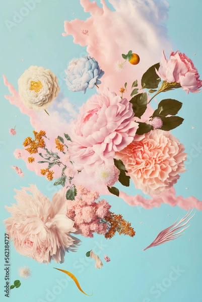 Fototapeta Cloud creative love concept of fresh Spring flowers in the sky background. Love, happy Valentine's Day an exploding bouquet. Pastel blue background. Illustration. Generative AI.