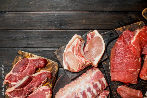 Fototapeta Raw meat. Different kinds of pork and beef meat.